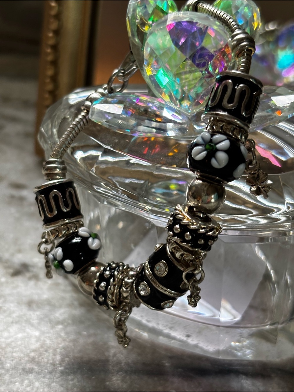 Silver-Tone Black Floral Charm Bracelet - Unbranded